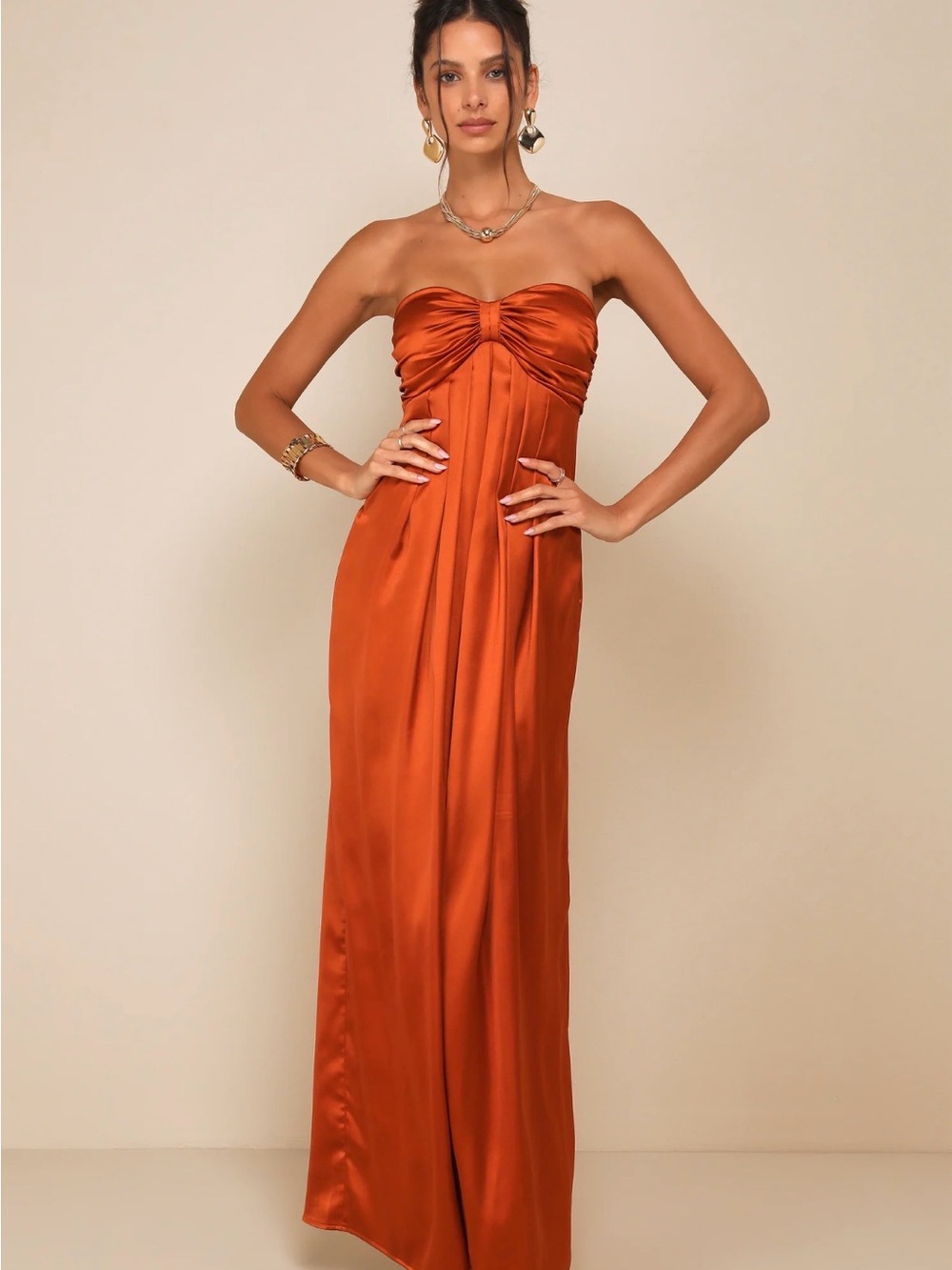 Lulu's Strapless Satin Maxi Dress in Burnt Orange